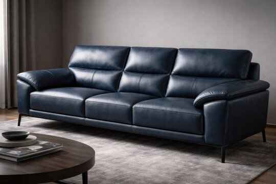 Synthetic leather couch in deep blue with visible stitching and uncluttered background