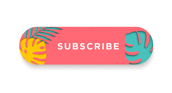Vibrant subscribe button with tropical leaves on pink background