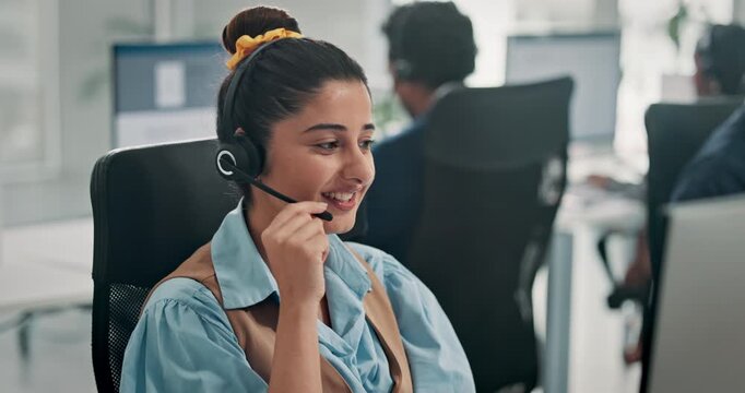 Woman, consultant and help with headset at call center for communication, online talk or advice. Business person, coworking or employee with mic on technology for virtual assistance, hotline or CRM