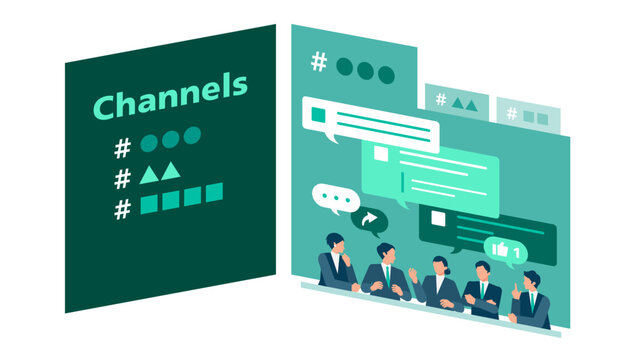 Business team organized in structured chat channels discussing project details and utilizing AI assistants to maximize information sharing and workflow transparency