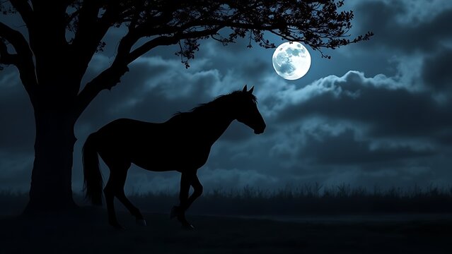 Dark horse stamping under tree on moonlit heath with heavy clouds.