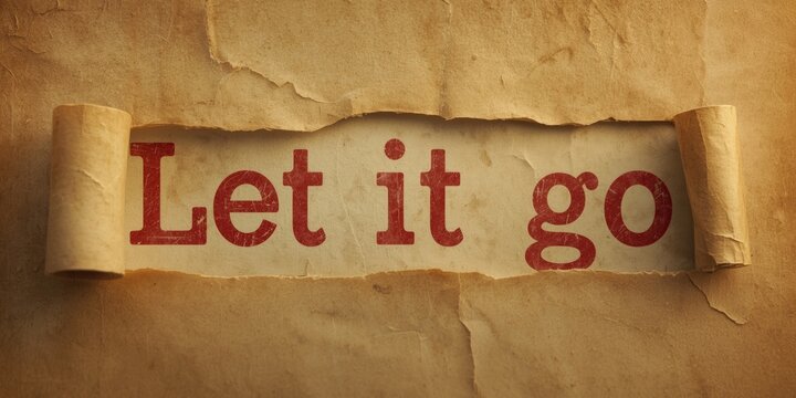 Brown paper ripped to expose Let it go words in aged red font over rough artistic texture