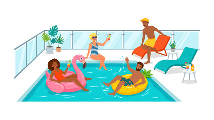 Obraz premium Pool Party Paradise: A group of diverse friends enjoy a vibrant summer pool party, relaxing on inflatable toys and sipping refreshing drinks under the sun.