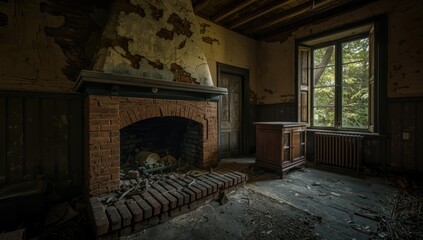 Obraz premium Abandoned countryside estate featuring a rustic fireplace with cracked bricks
