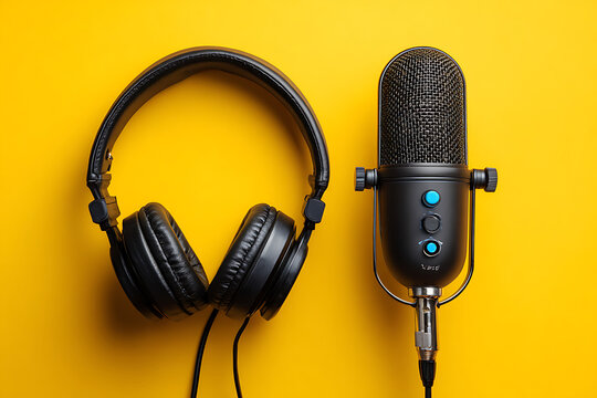 Professional Podcast Microphone and Headphones on Yellow Background.