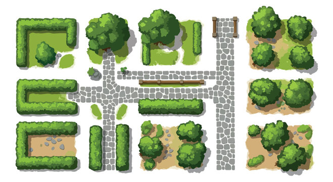 Top down garden landscape elements vector set, isometric park map assets with green hedges and stone paths, outdoor backyard design kit