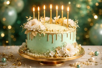 Obraz premium Lit candle topped mint green birthday cake with white flower ornaments and gold embellishments on a gentle emerald light blur background