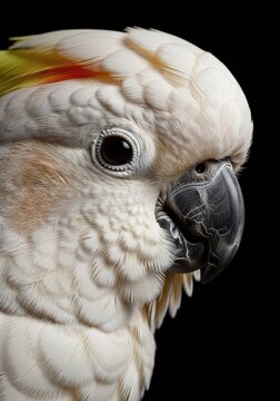 Close up portrait of a white cockatoo against a black background