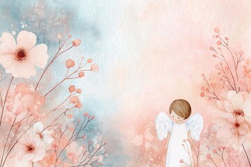 Obraz premium Elegant watercolor postcard for First Holy Communion simple angel character and beautiful flowers, including copy space for personalization. Suitable for invitations, posters, Christian celebrations