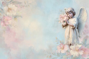 Obraz premium Elegant watercolor postcard design First Holy Communion invitation with angel and floral decoration on pastel background with copy space. Suitable for invitations, posters, religious templates
