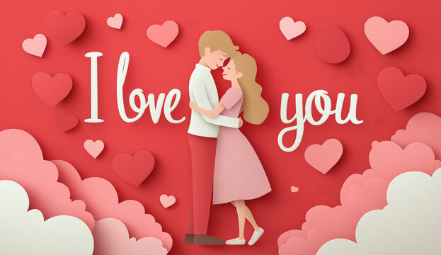 cute paper art background with the words i love you in white text, surrounded by red and pink hearts, and a couple embracing each other on valentine's day. the overall color scheme is warm and romanti
