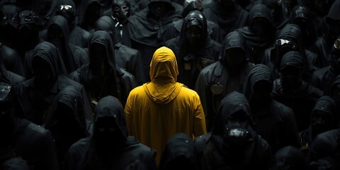 Obraz premium Yellow Cloaked Figure Standing Out Among Dark Hooded Crowd Dramatic Lighting, Focused Composition, High Contrast