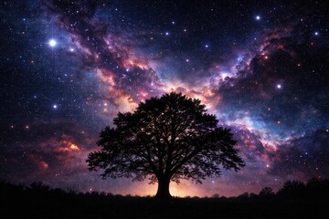 Obraz premium black tree silhouette beneath a bright star field and swirling nebula