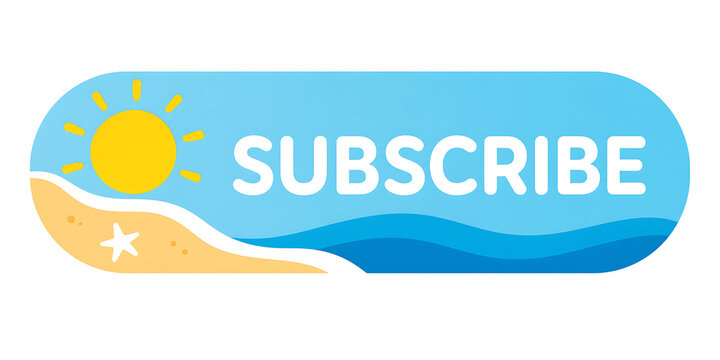 A sunny beach scene with a subscribe button on a blue background