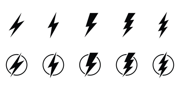 Ten black lightning bolt icons and symbols on white background thunderbolt electricity. Black lightning bolt icons, thunder symbol design, electric power energy sign, vector silhouette. 