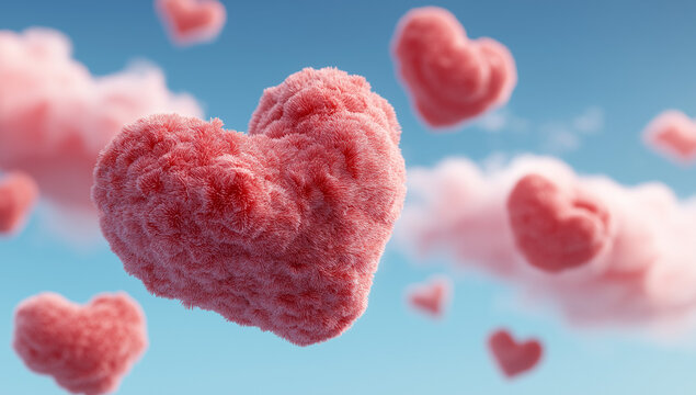 3d rendering of pink and purple and marroon heart-shaped clouds floating in the sky. valentine's day background with copy space, pastel color tone. love concept art. high resolutio