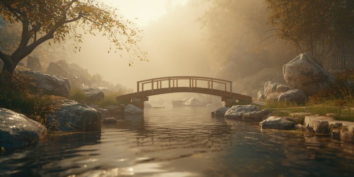 calming digital landscape of a small bridge over a winding river