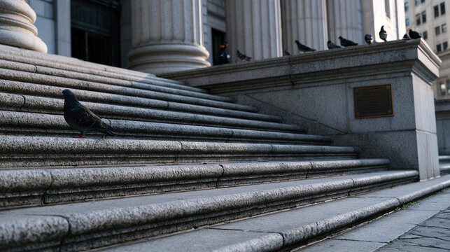 Federal courthouse steps empty in dramatic overcast afternoon light, carved stone columns casting deep shadows across broad granite staircase, bronze historical plaque mounted beside entrance, pigeo