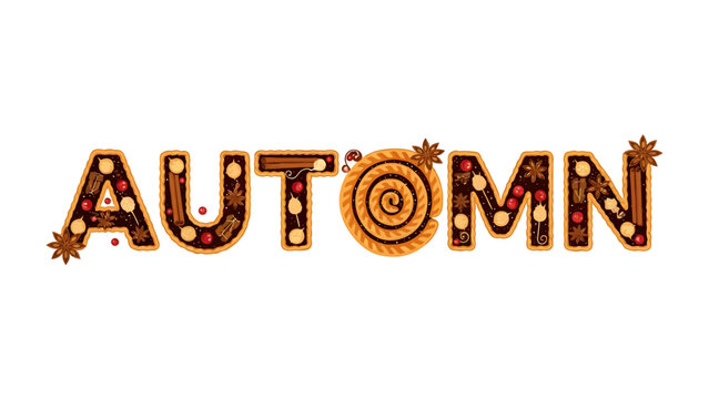 Autumn Typography Design: The word Autumn creatively designed with textures and elements evoking the fall season, like leaves, nuts, and spirals, presented on a clean background.