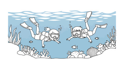 Underwater Duo: Two divers explore a vibrant coral reef, surrounded by tiny fish and swaying aquatic plants, experiencing the serenity and wonder of the deep blue sea. © Ajhar234