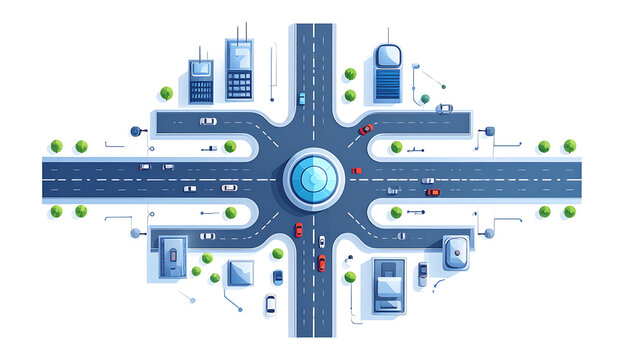 Pixel art city intersection with roundabout, buildings, and cars, top-down view, urban traffic flow, simple isometric design element