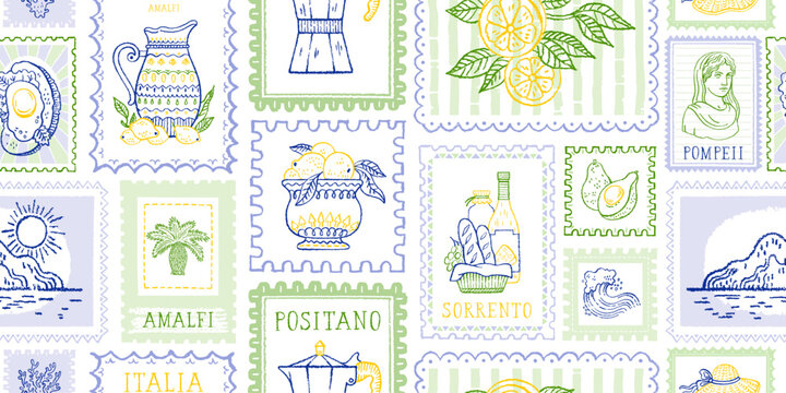 Summer Italy stamp seamless pattern. Italian postcard. Lemon, palm, limoncello wine. Mediterranean sea Amalfi beach background. Vintage stamp frame print. Italy summer seamless bg. Border postage art