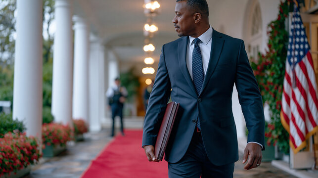 Senior aide carrying leather-bound briefing folder along West Wing corridor toward oval office entrance, formal suit pressed, American flag visible in doorway, security detail stationed nearby, morn