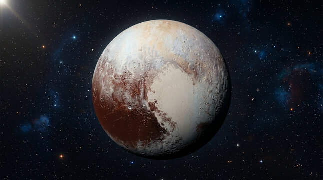Dwarf planet Pluto with icy reddish surface floating in deep space among stars
