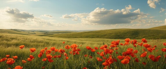 Obraz premium A stunning natural panorama with bright red poppy flowers spreading across lush green grass beneath a sky filled with puffy clouds