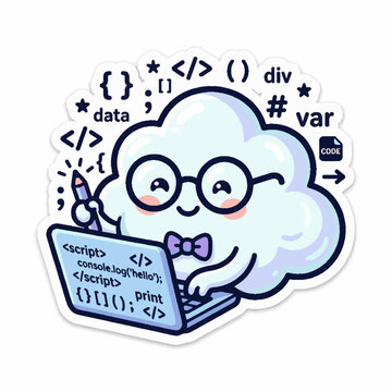 Cute cartoon cloud character coding on a laptop computer.