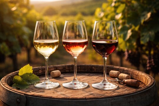 Outdoor display of three wine glasses holding white, ros, and red wine on barrel surface