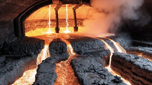 Medium shot of a ferroalloy submerged arc furnace interior glowing intensely with molten highcarbon alloy flowing through channels during tapping.