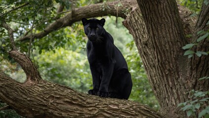 Obraz premium Black panther sitting attentively on a sturdy tree branch