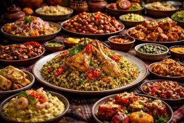 Obraz premium Peruvian gourmet buffet with diverse traditional dishes centered around arroz con pollo