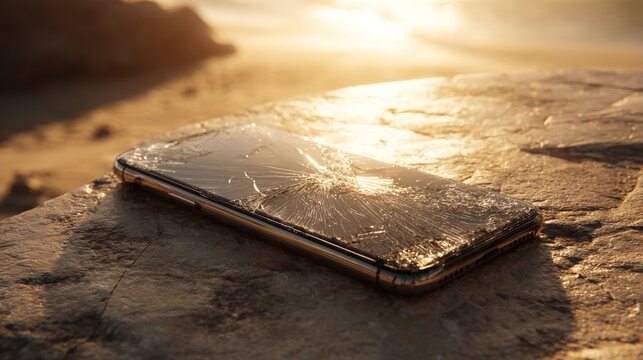 Broken phone rests on rough stone at sunset. Golden light reflects off cracked screen and edges. Stillness hints at forgotten device, abandoned in nature. Ideal for themes of loss, digital decay