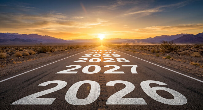2026 future journey concept with years painted on highway leading to desert sunset