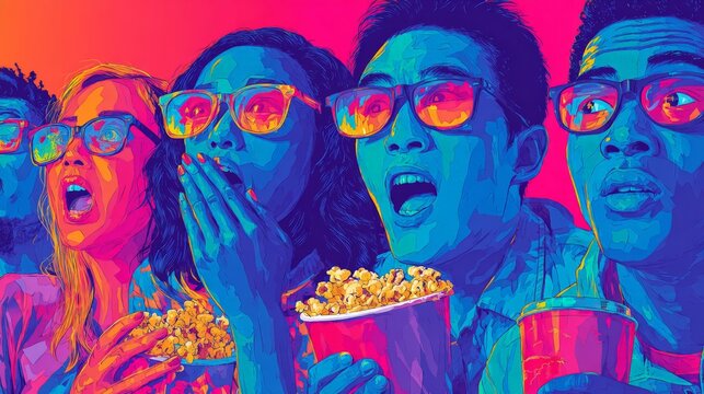 Vibrant color splash captures joyous moviegoers. Eyewear glows with cinematic hues, echoing excitement. Crowd holds popcorn, mouths open in delight. Vivid neon frames their reactions, amplified