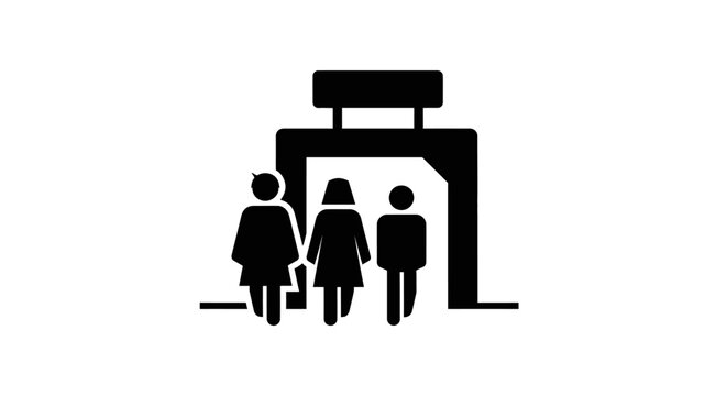 A black silhouette icon representing a family walking through an airport metal detector or security checkpoint gate.