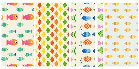 Fish pattern variations with geometric shapes and colorful backgrounds © Ruhidas