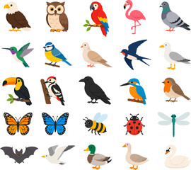 Fototapeta premium Colorful collection of diverse cartoon birds and flying insects in flat design. Features various avian species and common bugs for nature-themed illustrations
