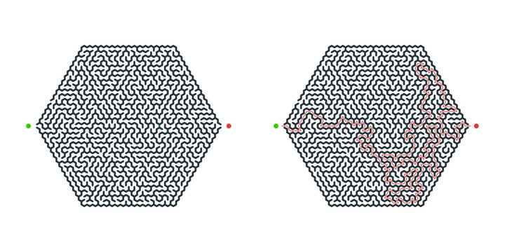 Hexagonal maze worksheet with blank puzzle and solved path shown side by side. logic game concept highlighting navigation, structure and problem solving.