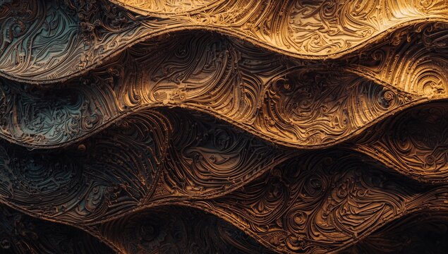 Abstract textured wooden wall with multi dimensional undulating wave panel design