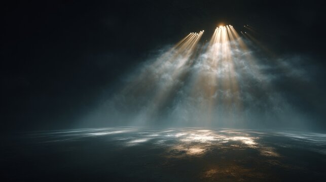 Dramatic spotlight beams pierce dark with smoky stage, and illuminating floor.