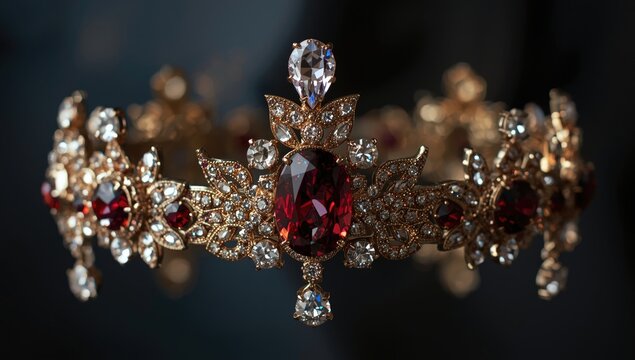 Elegant Gold Circlet Encrusted with Red and Clear Gems Dark Background, Close-Up, Luxurious Detail