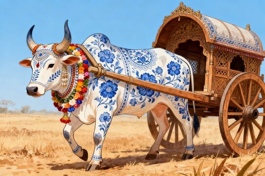 Decorated ox pulling ornate cart