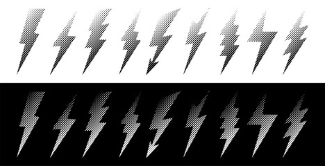 Halftone lightning bolt set with dotted texture and grainy noise. Black and white thunder shapes in manga comic style. Isolated vector elements. © IRYNA