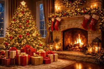 Obraz premium Holiday season room showcasing shining Christmas tree, warming fireplace, and wrapped presents