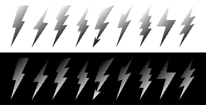 Halftone lightning bolt set with dotted texture and grainy noise. Black and white thunder shapes in manga comic style. Isolated vector elements.