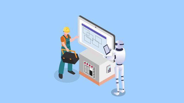 Technician and Robot Collaborating on Industrial Control Panel Maintenance 3d animation cartoon