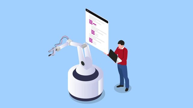 robotic arm programming by software engineer with laptop 3d animation cartoon